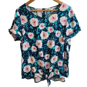 Westport Floral Tropical Hawaii Hibiscus Short Sleeve Blouse